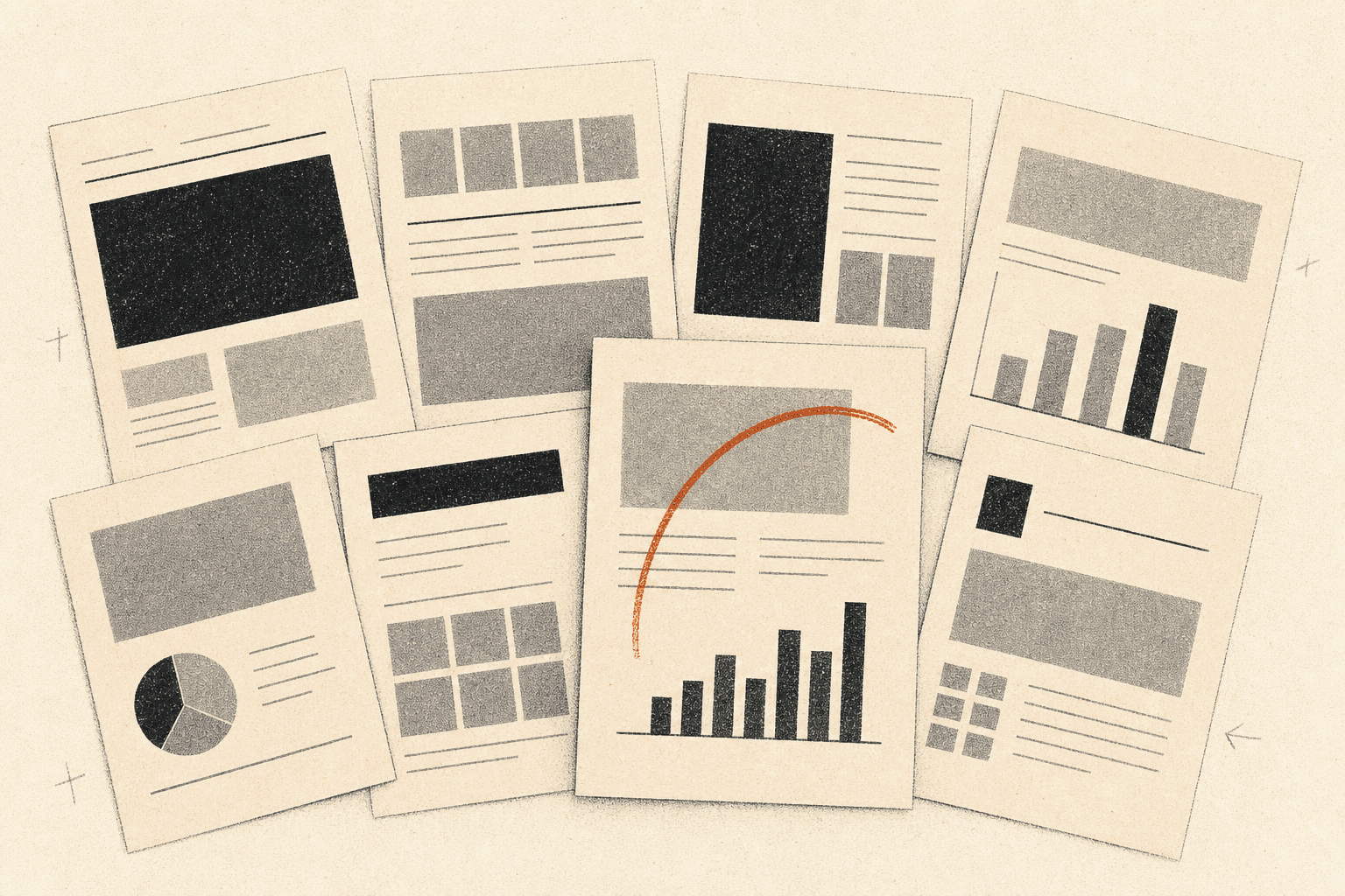 printed pitch deck pages fanned out on warm paper, one marked with an ember arc