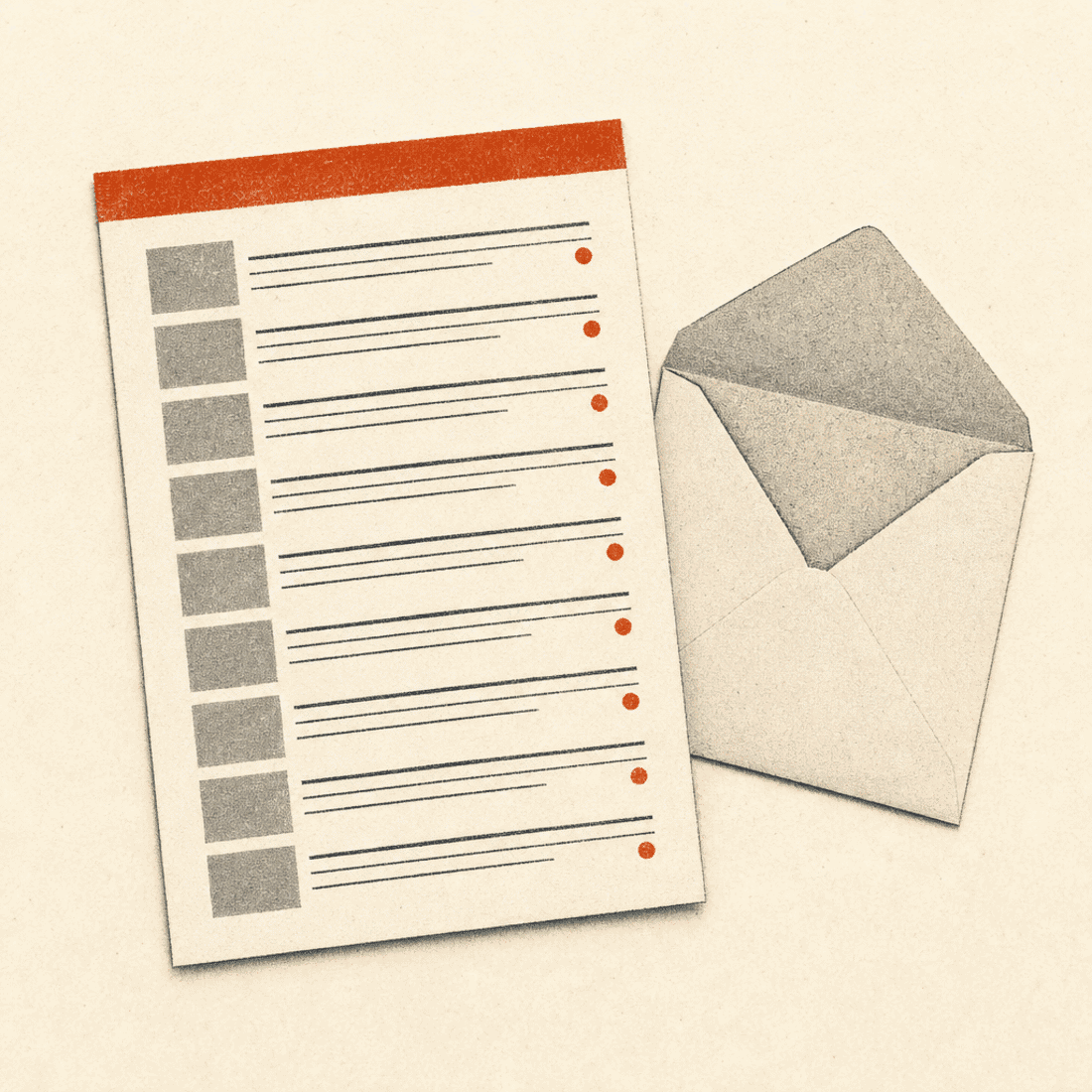 a printed weekly digest sheet with nine profile blocks beside an open envelope